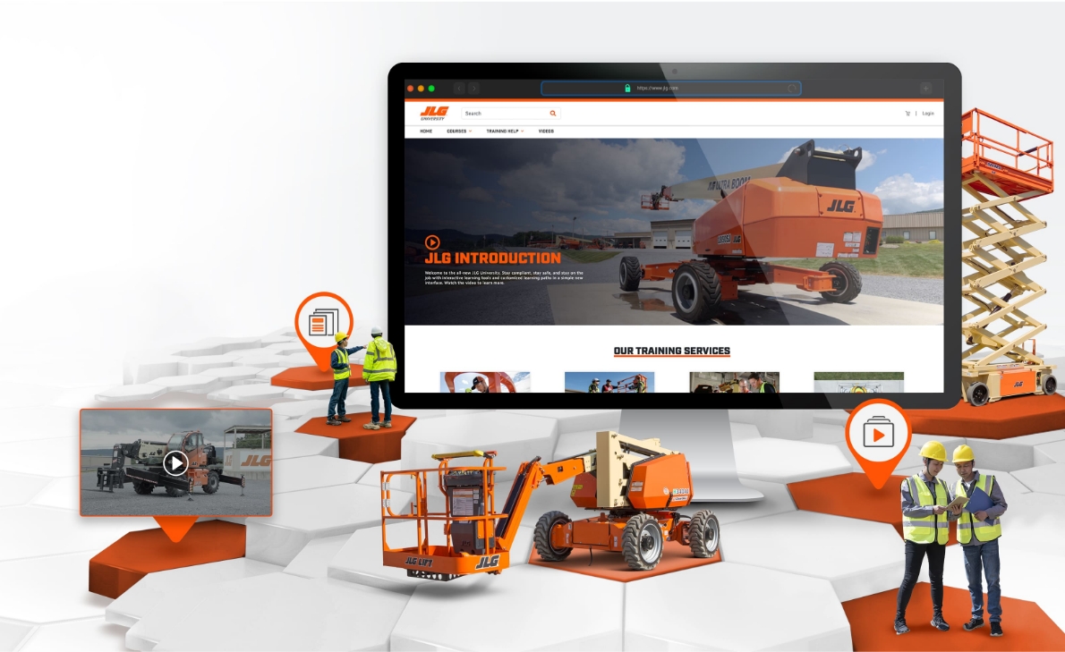 JLG University portal displayed on computer screen, surrounded by images of JLG equipment